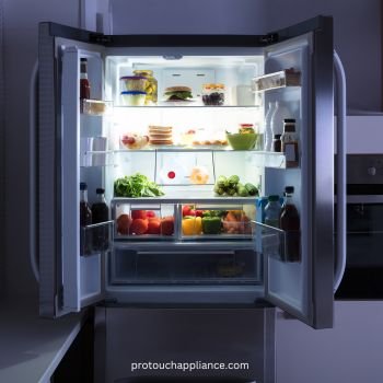 Refrigerator with fruits and snacks inside