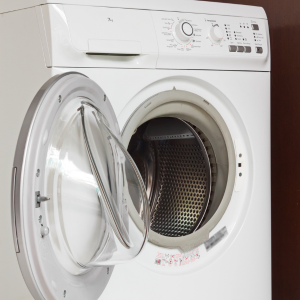 a white front load washing machine